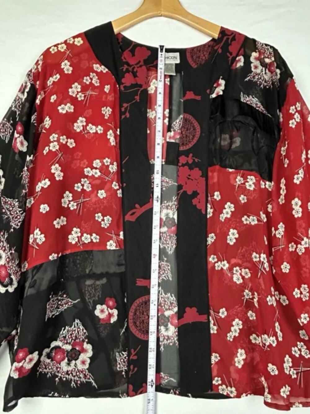 Chicos Silk Open Front Cardigan Kimono M Red Asian Inspired Shrug Sheer Dressy - Picture 9 of 11